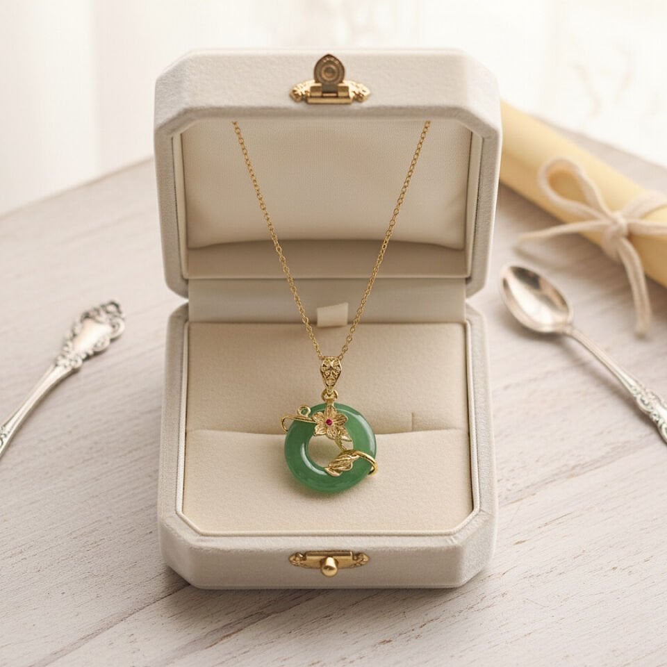 Gold Çiçek Detay Yeşil Vintage Çelik Kolye