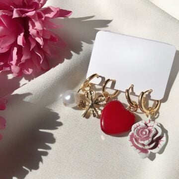 Kalp ve Gül 4'lü Tasarım Küpe