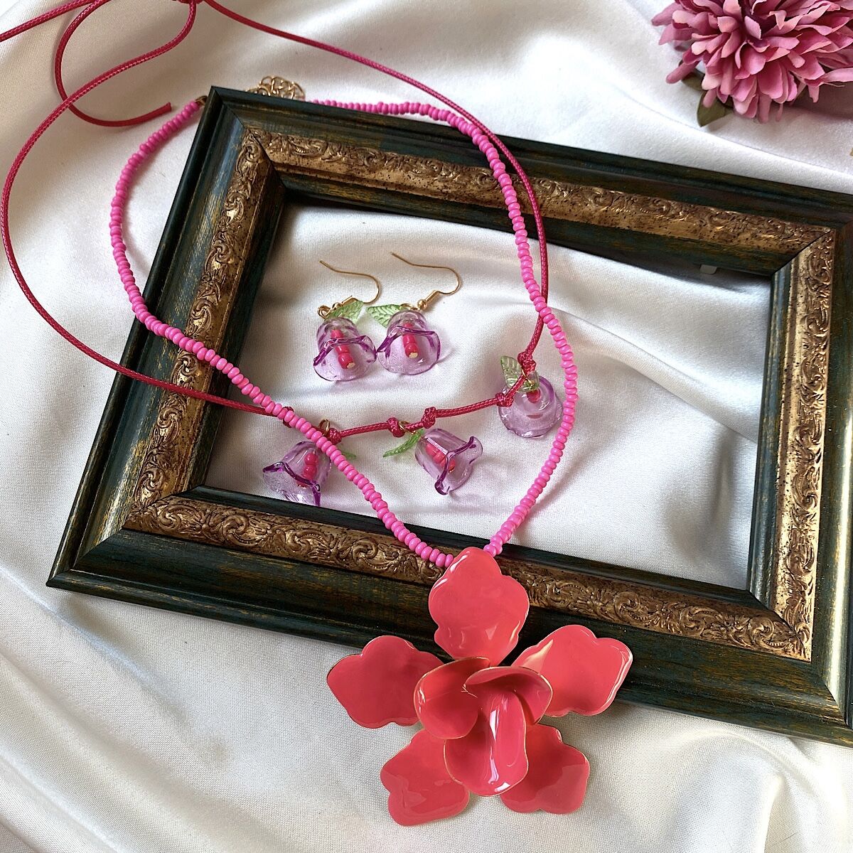 Pembe Çiçek Tasarım 2'li Kolye Küpe Set