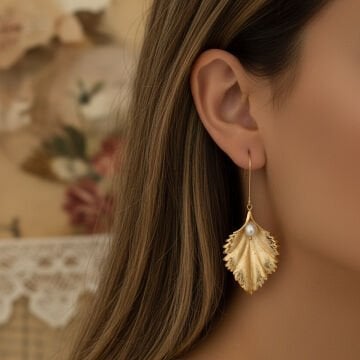 İnci Detay Gold Yaprak Küpe