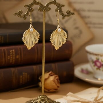 İnci Detay Gold Yaprak Küpe