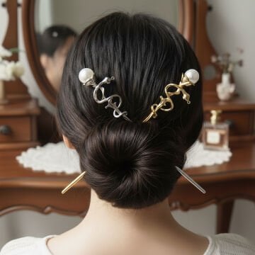 İnci Detaylı Yılan Tasarım Topuz Toka