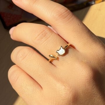 Balık ve Kedi Beyaz Mineli Vintage Yüzük