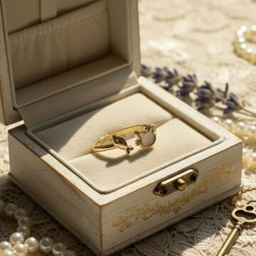 Balık ve Kedi Beyaz Mineli Vintage Yüzük