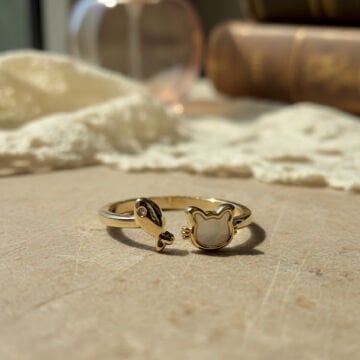 Balık ve Kedi Beyaz Mineli Vintage Yüzük