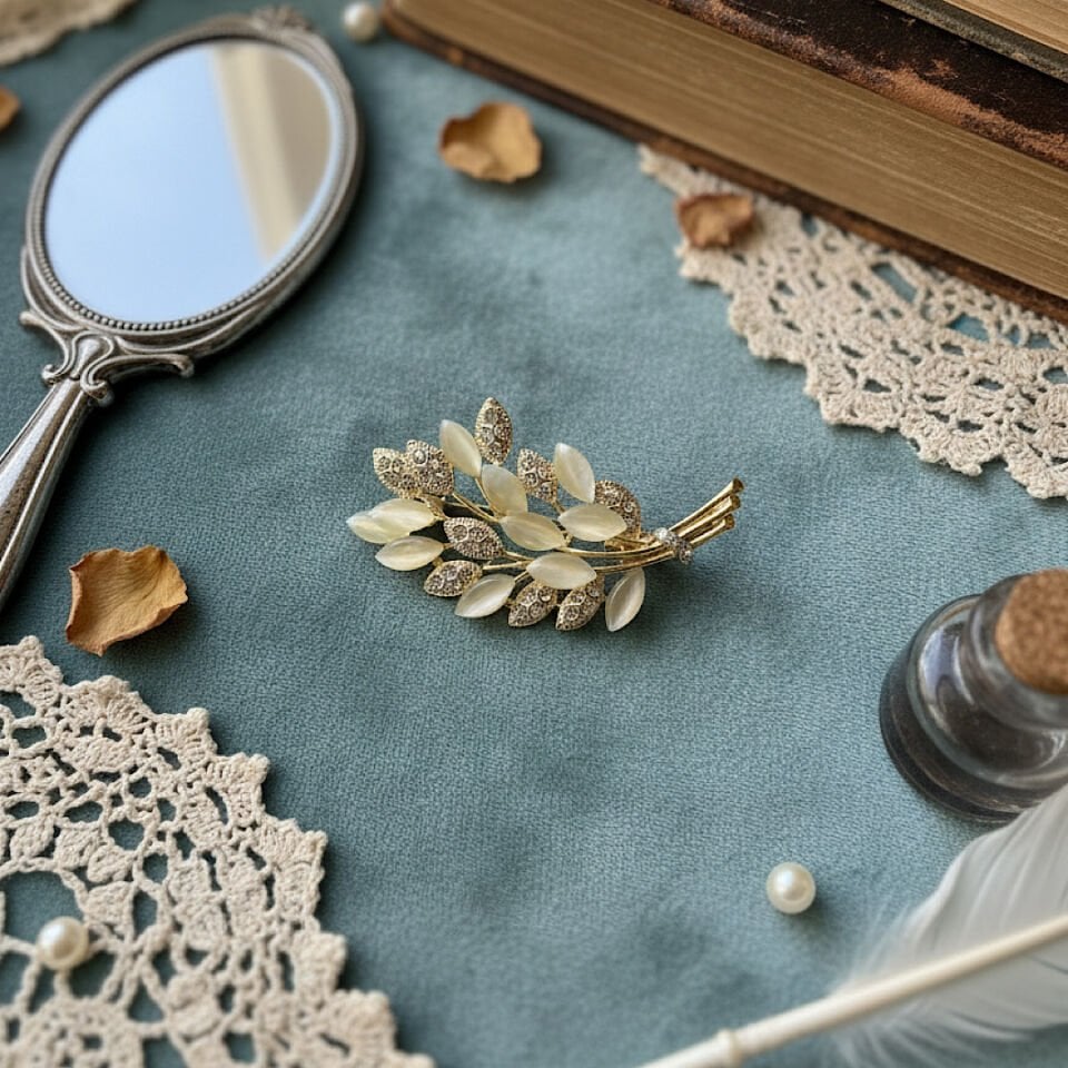 Zarif Kristal Yaprak Salkımı Broş