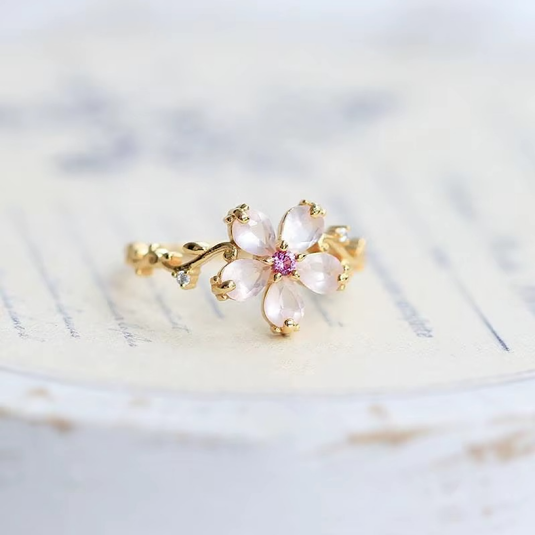 Vintage Pembe Çiçek Gümüş Yüzük