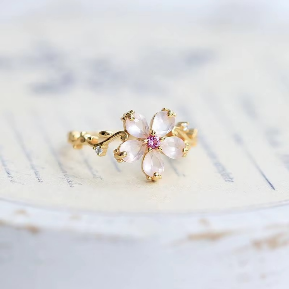 Vintage Pembe Çiçek Gümüş Yüzük