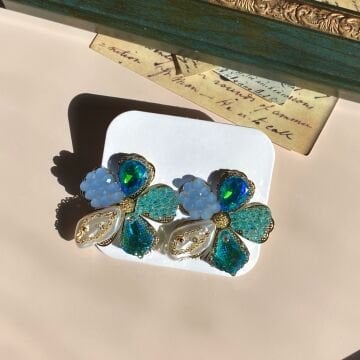 Blue Stone Flower Tasarım Küpe