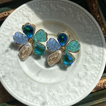 Blue Stone Flower Tasarım Küpe