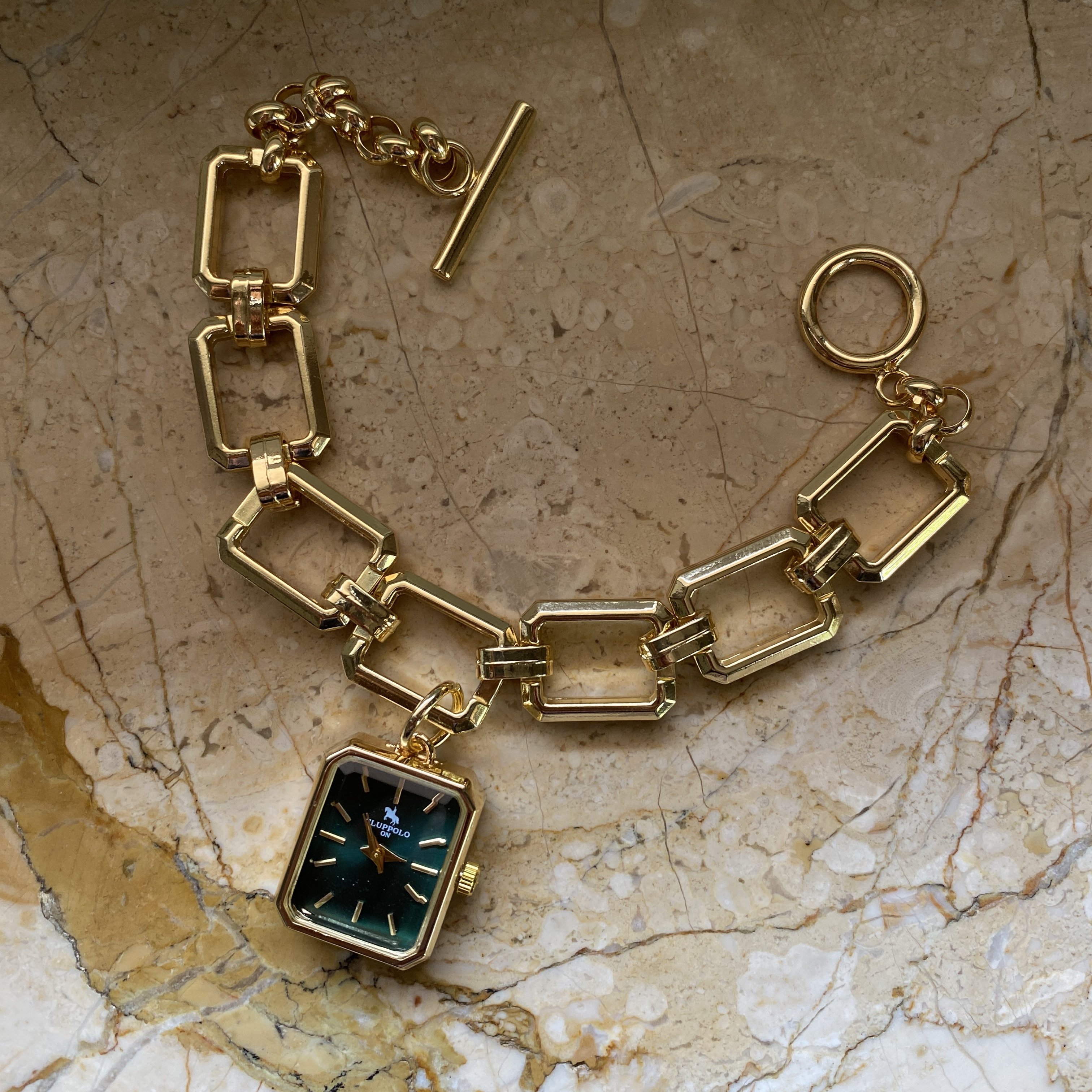 Bileklik Model Zincir Kordon Tasarım Saat gold yeşil