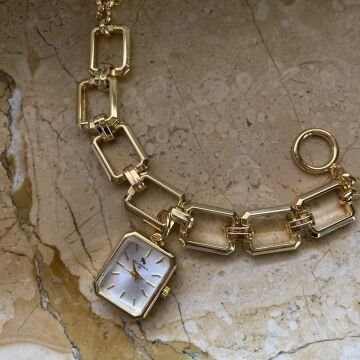 Bileklik Model Zincir Kordon Tasarım Saat gold beyaz