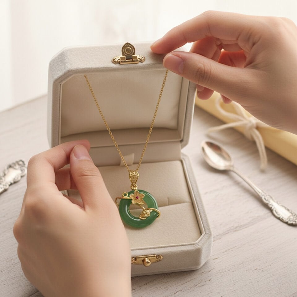 Gold Çiçek Detay Yeşil Vintage Çelik Kolye