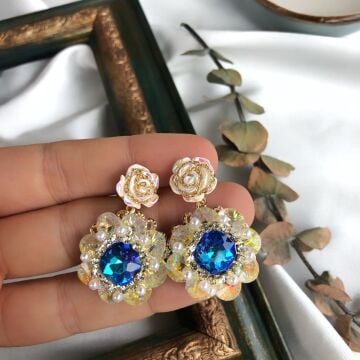Vintage Mavi Taşlı Gül Detaylı Küpe