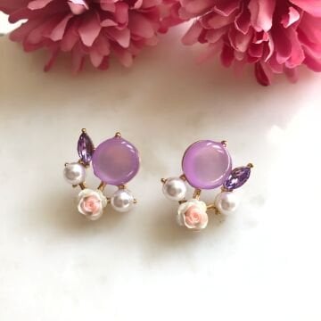 Gül ve İnci Detaylı Renkli Taşlı Vintage Küpeler