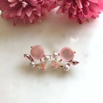 Gül ve İnci Detaylı Renkli Taşlı Vintage Küpeler