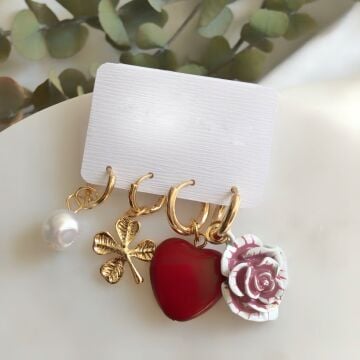 Kalp ve Gül 4'lü Tasarım Küpe