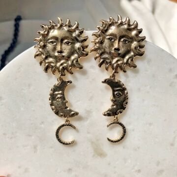 Güneş ve Ay Figürlü Gold Tasarım Küpe