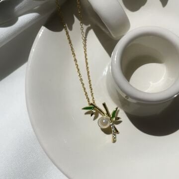 İnci Detaylı Bambu Tasarım Çelik Kolye