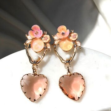 Kalp Bahçesi Koleksiyonu Tasarım Küpeler oval kalp pembe