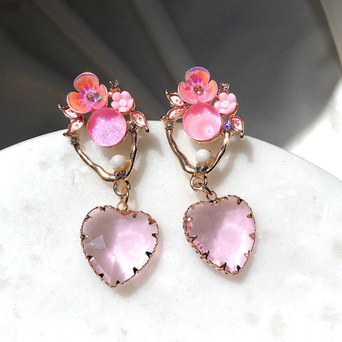 Kalp Bahçesi Koleksiyonu Tasarım Küpeler oval kalp pembe