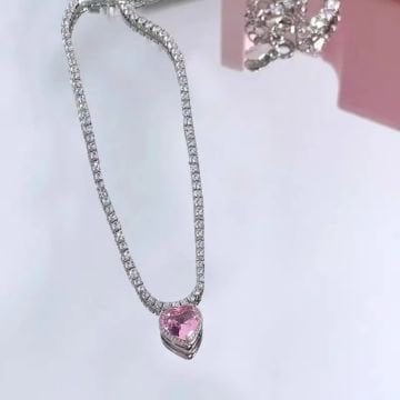 Kristal Taşlı Pembe Kalp Kolye