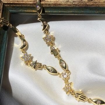 Yıldız, Ay ve Hamsa Figürlü Gold Tasarım Y Kolye