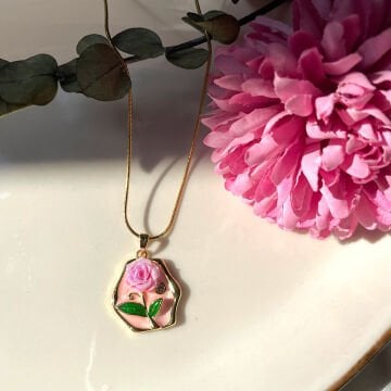 Elegant Pembe Gül Tasarım Çelik Kolye