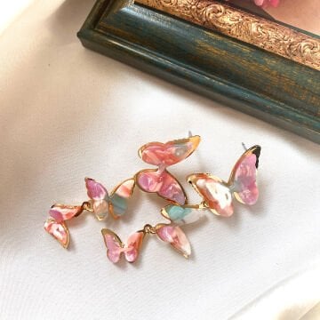 Mermer Desenli Vintage Kelebek Tasarım  Küpe