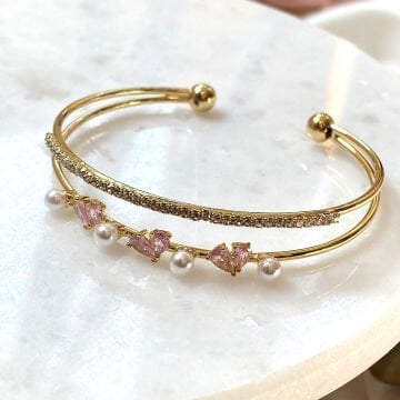 Pembe Kalp ve İnci Figürlü Halka Bileklik