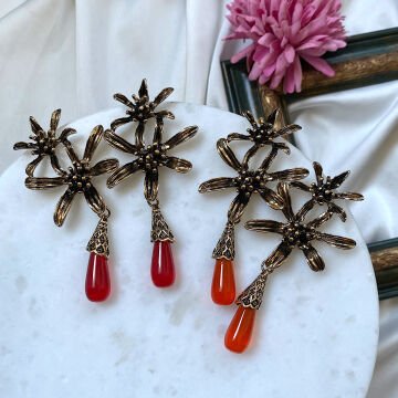 Kırmızı ve Turuncu Tasarım Çiçek Model Küpeler