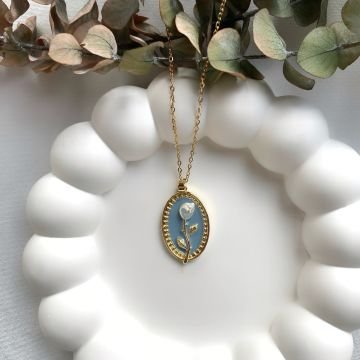 Vintage Beyaz Gül Çelik Kolye