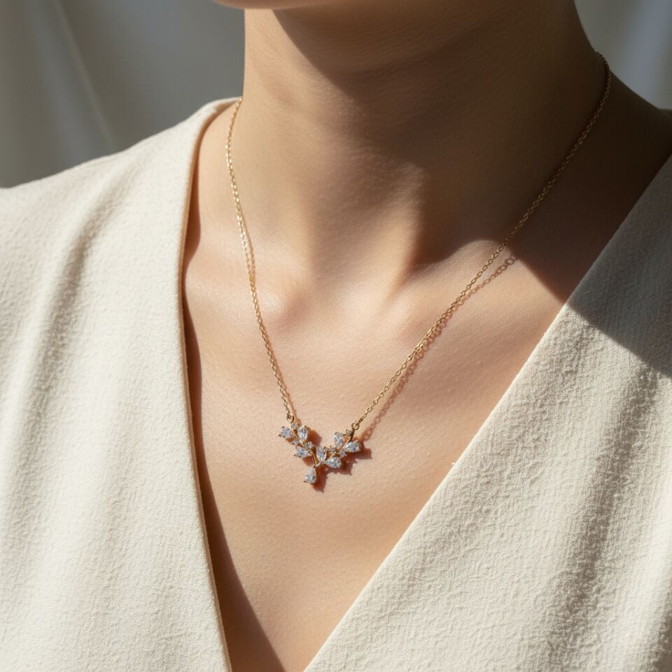 Taşlı Yaprak Tasarım Gold Çelik Kolye