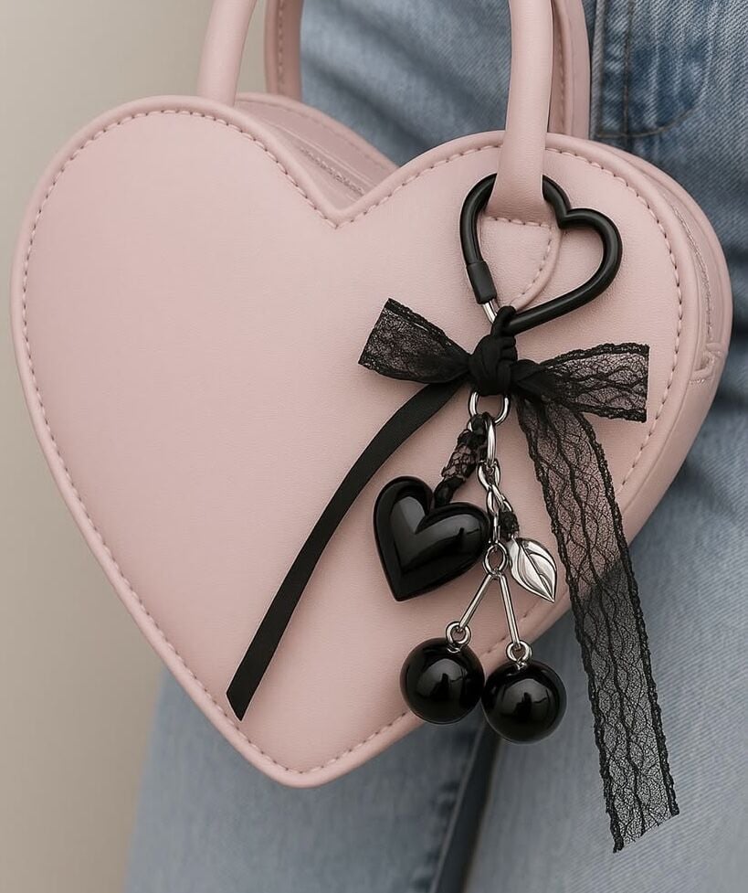 Siyah Kalp ve Kiraz Figürlü Çanta Charmı