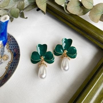 Vintage İncili Yeşil Çiçek Küpe