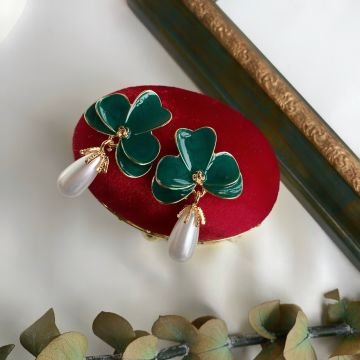 Vintage İncili Yeşil Çiçek Küpe