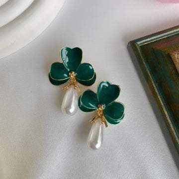 Vintage İncili Yeşil Çiçek Küpe