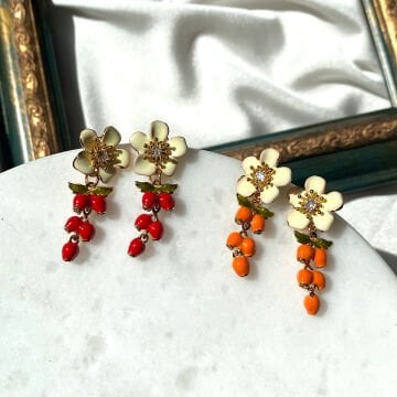 Vintage Blossom Kırmızı ve Turuncu Küpeler
