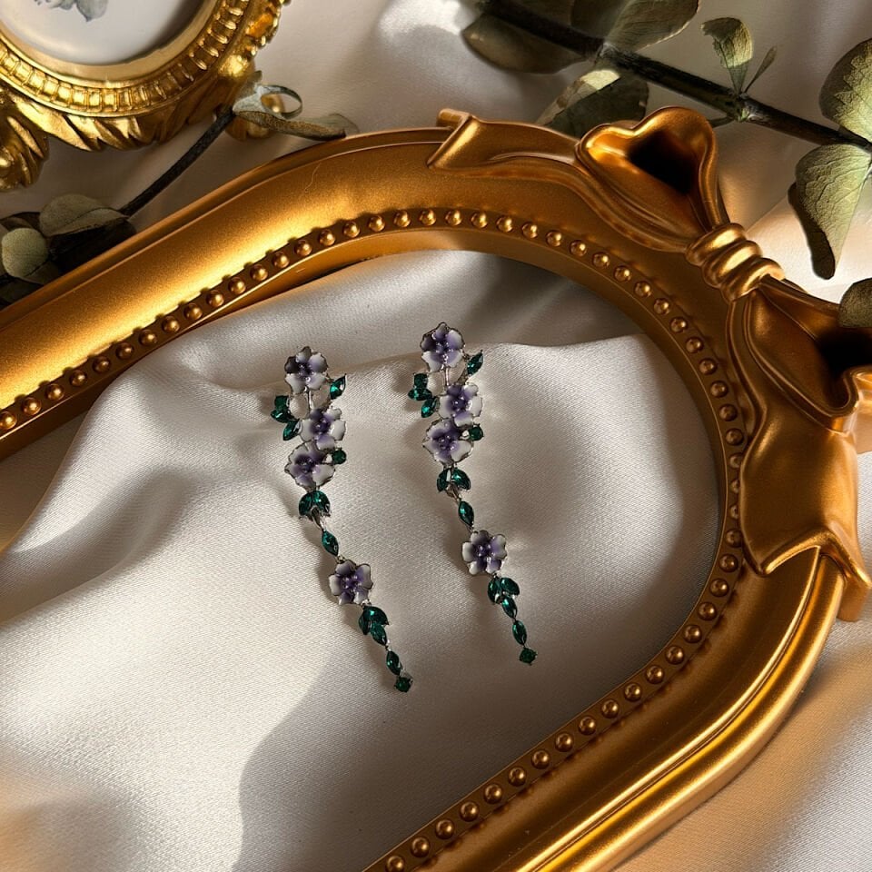 Mor ve Mavi Çiçek Sarkıt Küpe