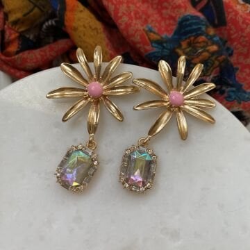 Kristal Taşlı Gold Çiçek Küpe