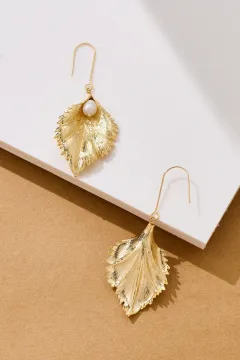 İnci Detay Gold Yaprak Küpe