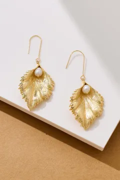 İnci Detay Gold Yaprak Küpe