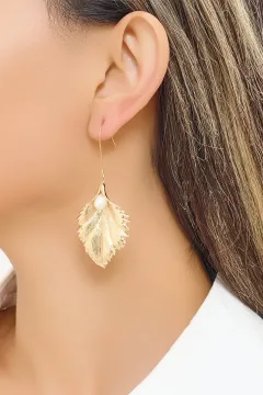 İnci Detay Gold Yaprak Küpe