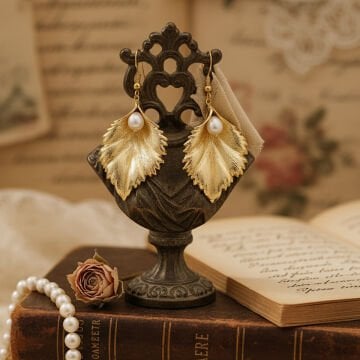 İnci Detay Gold Yaprak Küpe