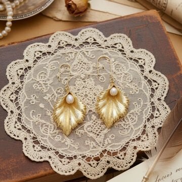 İnci Detay Gold Yaprak Küpe