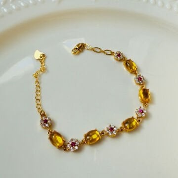 Amber Taşlı Kırmızı Çiçekli Tasarım Bileklik