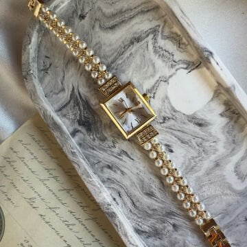 Vintage Dikdörtgen Kasa İnci Tasarım Saat