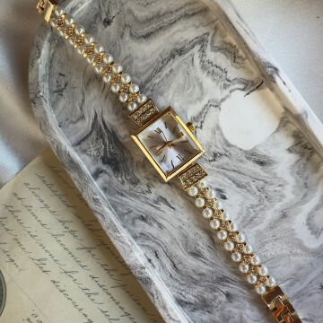 Vintage Dikdörtgen Kasa İnci Tasarım Saat