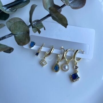 Zirkon Taşlı Mavi Tasarım 6'lı Küpe Set