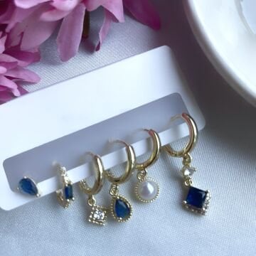 Zirkon Taşlı Mavi Tasarım 6'lı Küpe Set